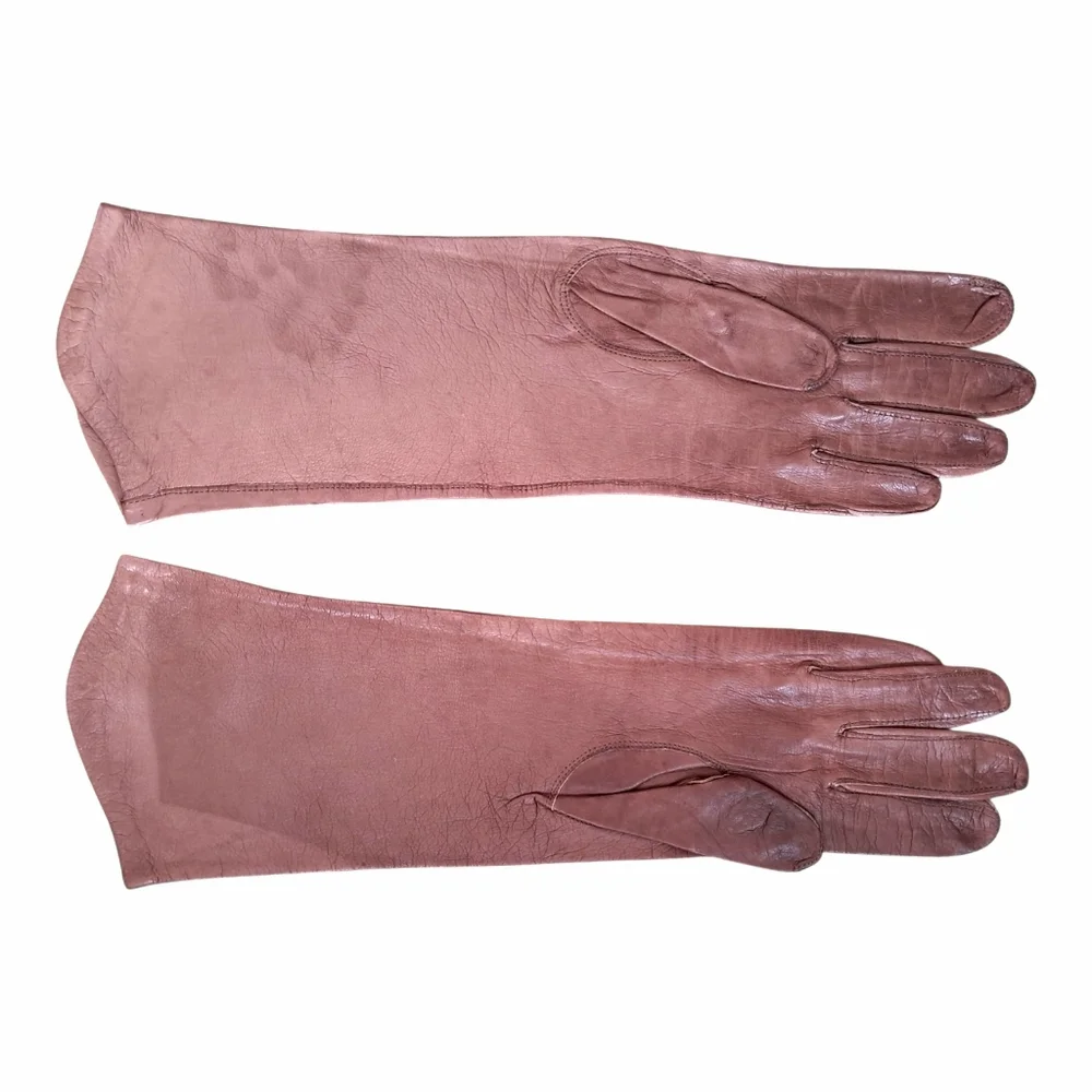 Vintage Opera Gloves Lot 2 Leather Brown Sz 6.5 & Crescendoe‎ Nylon 7.5